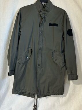 Zara Men's Long Olive Green Military-Style Streetwear Jacket -Size Large
